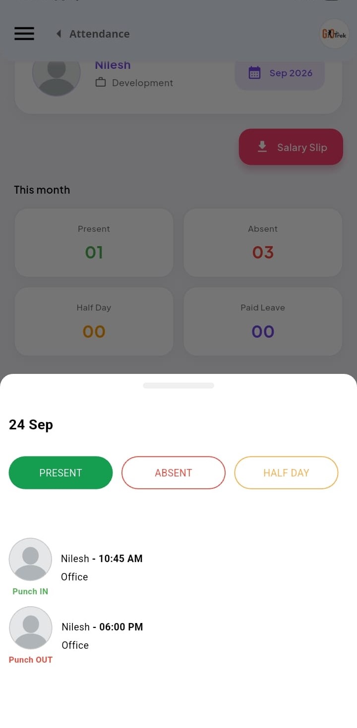PayrollX employee app attendance day status