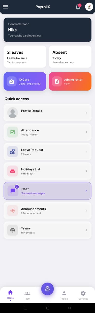 PayrollX employee app home screen screenshot