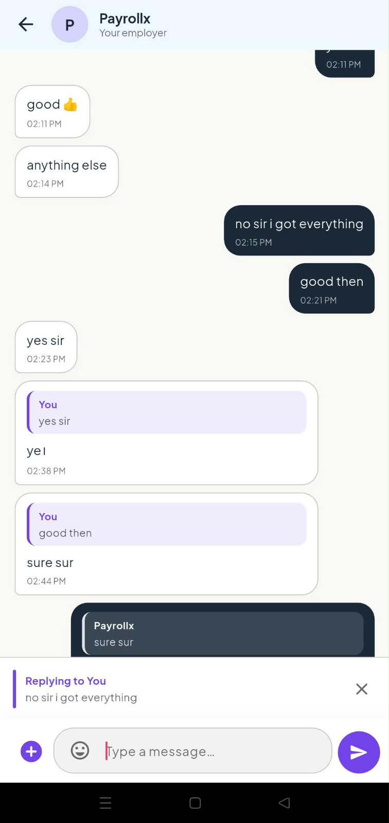 PayrollX employee app replying to a chat message
