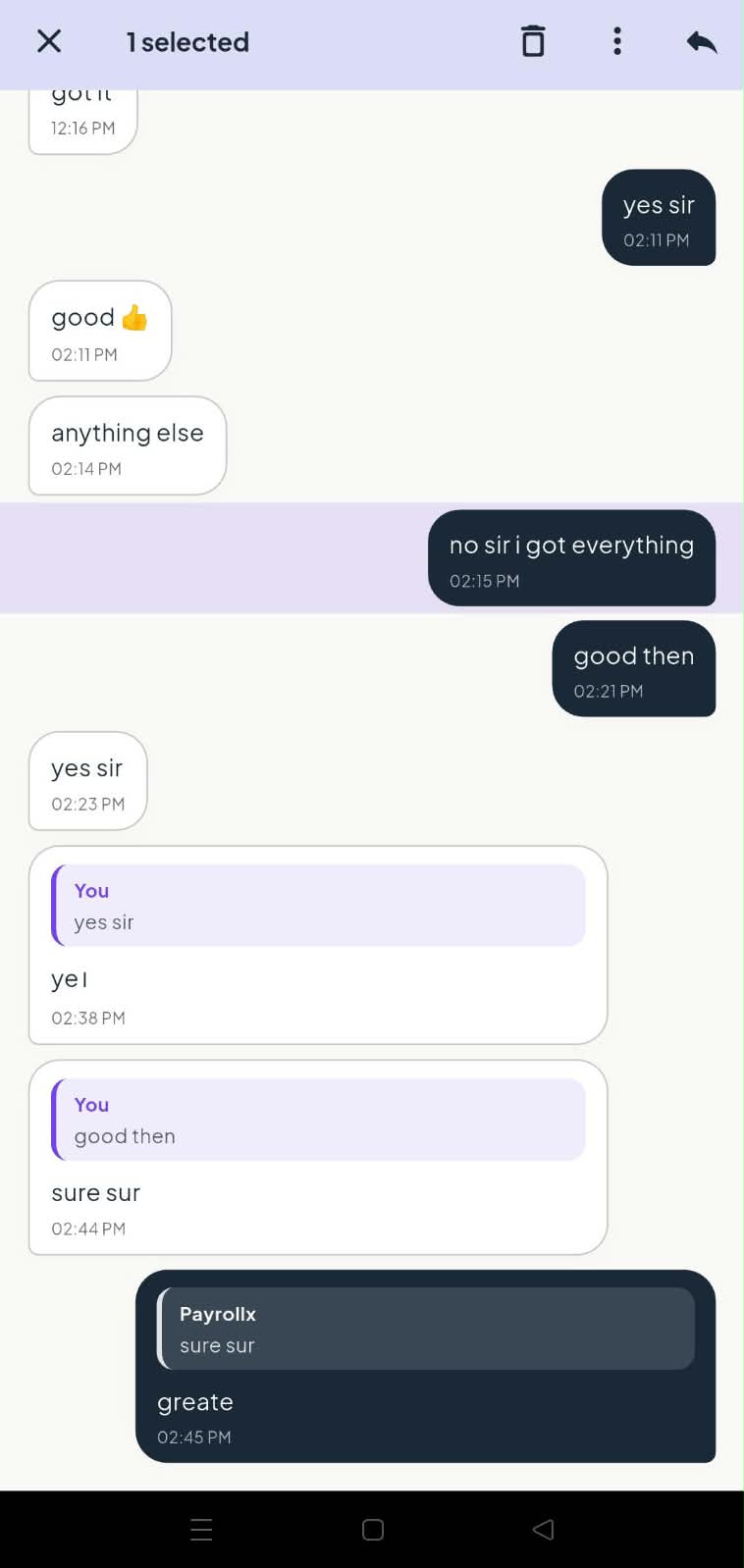 PayrollX employee app selecting a chat message
