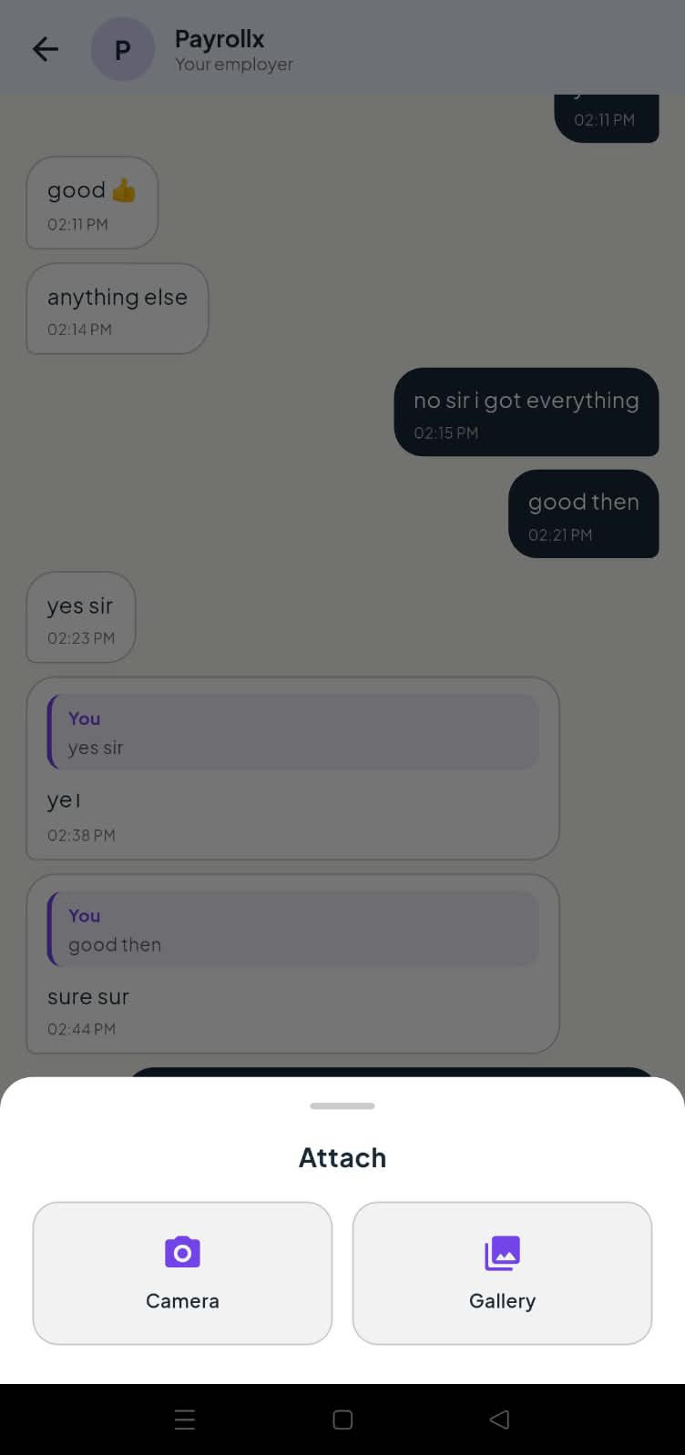 PayrollX employee app chat attachment options camera and gallery