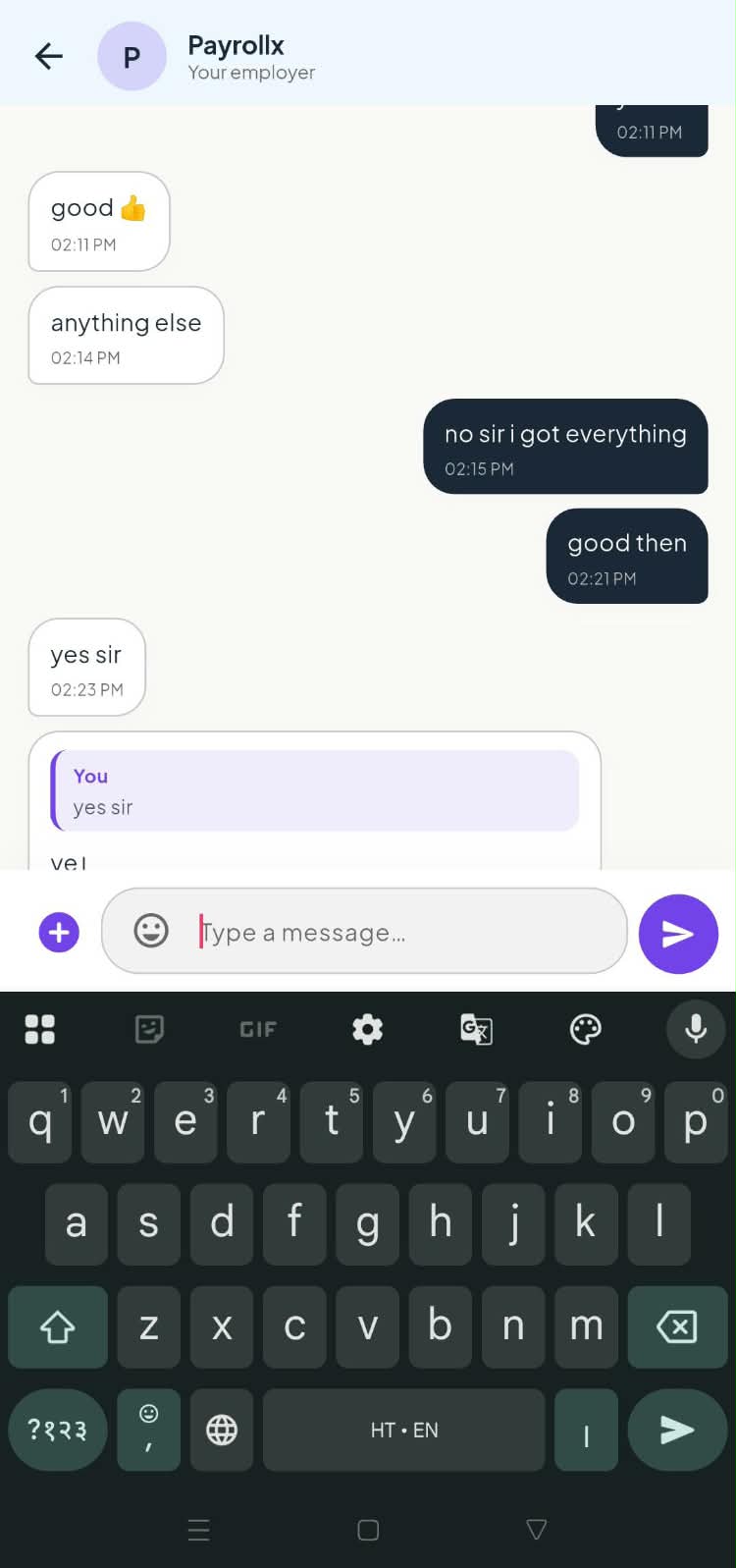 PayrollX employee app typing a chat message