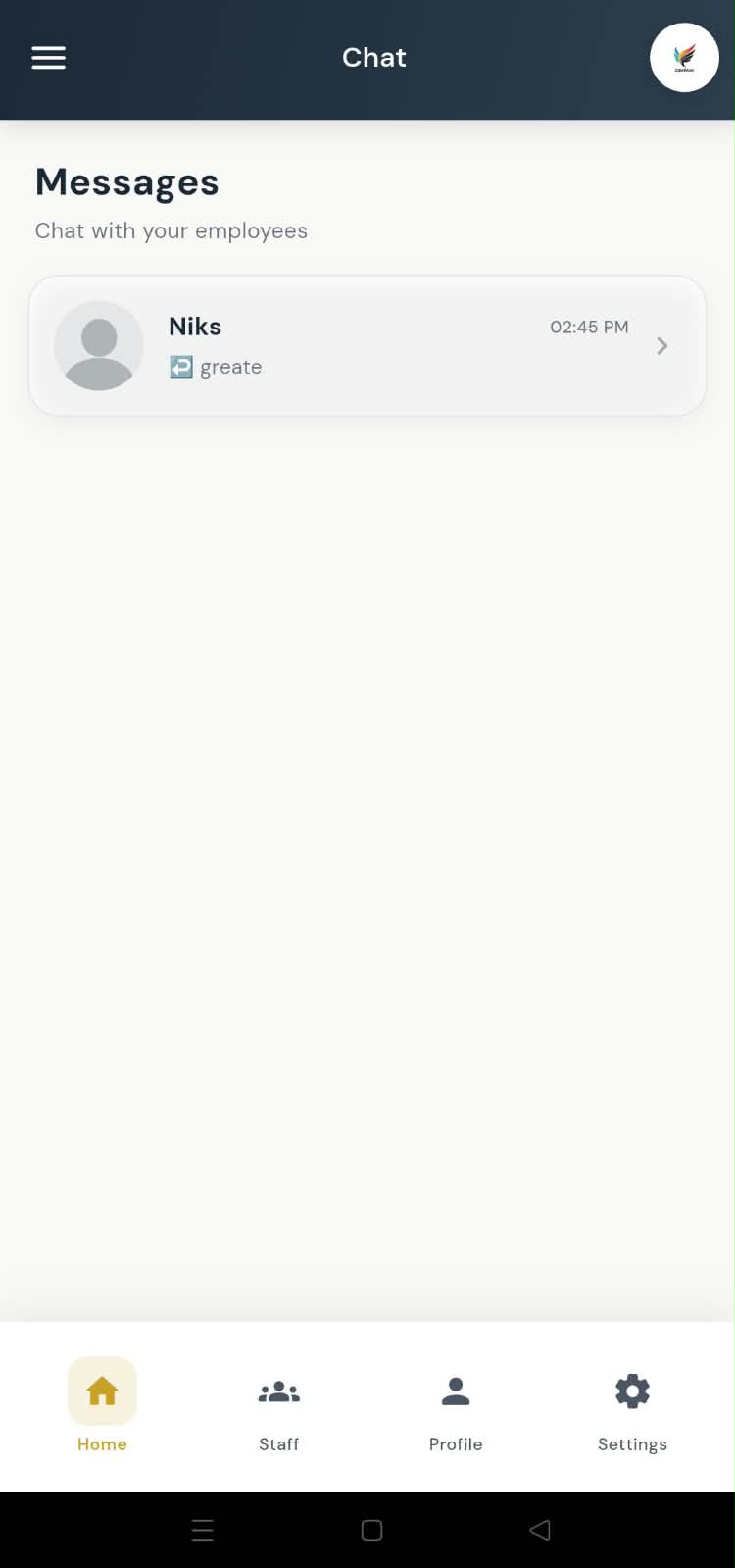 PayrollX employer app chat list of employees with last messages
