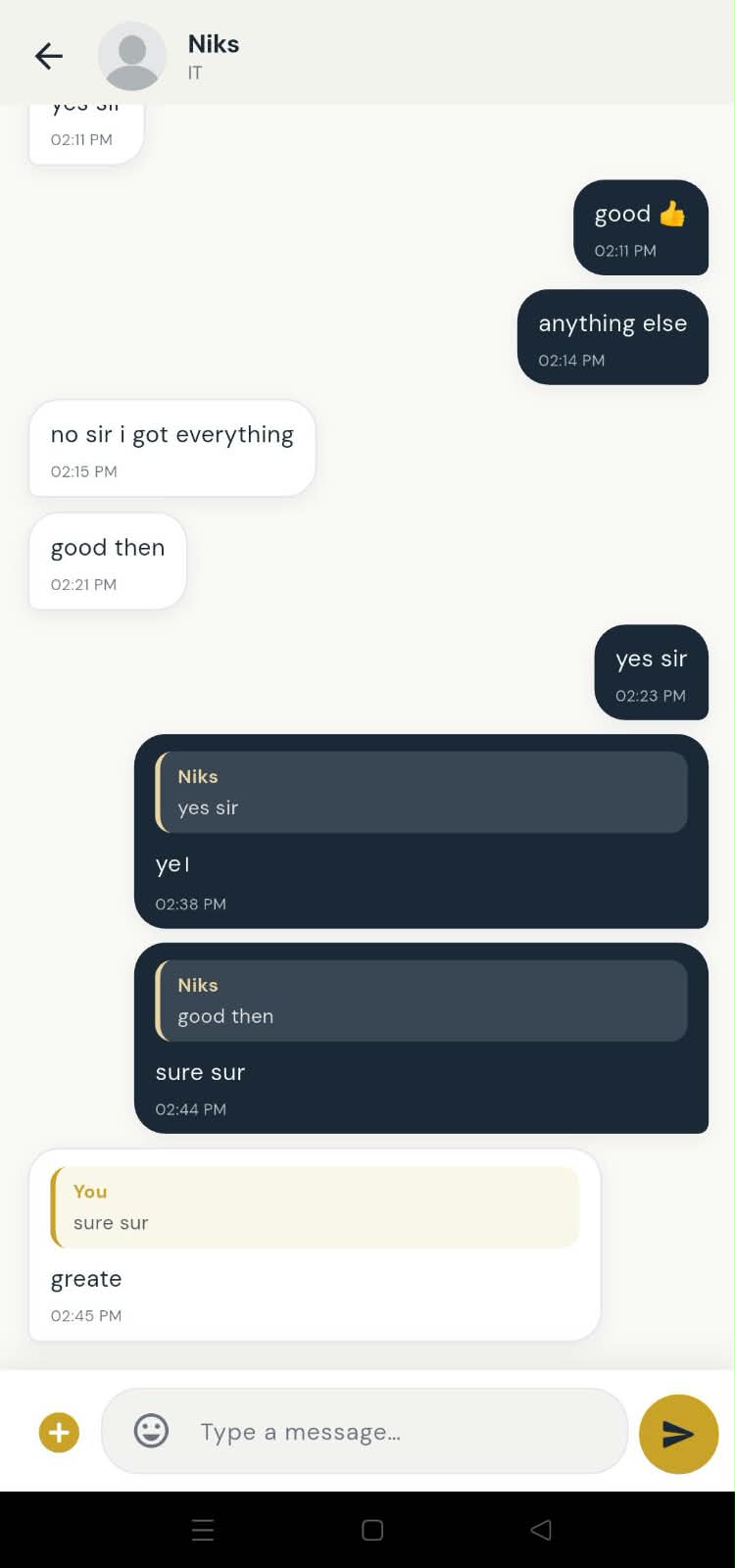 PayrollX employer app chat conversation with an employee