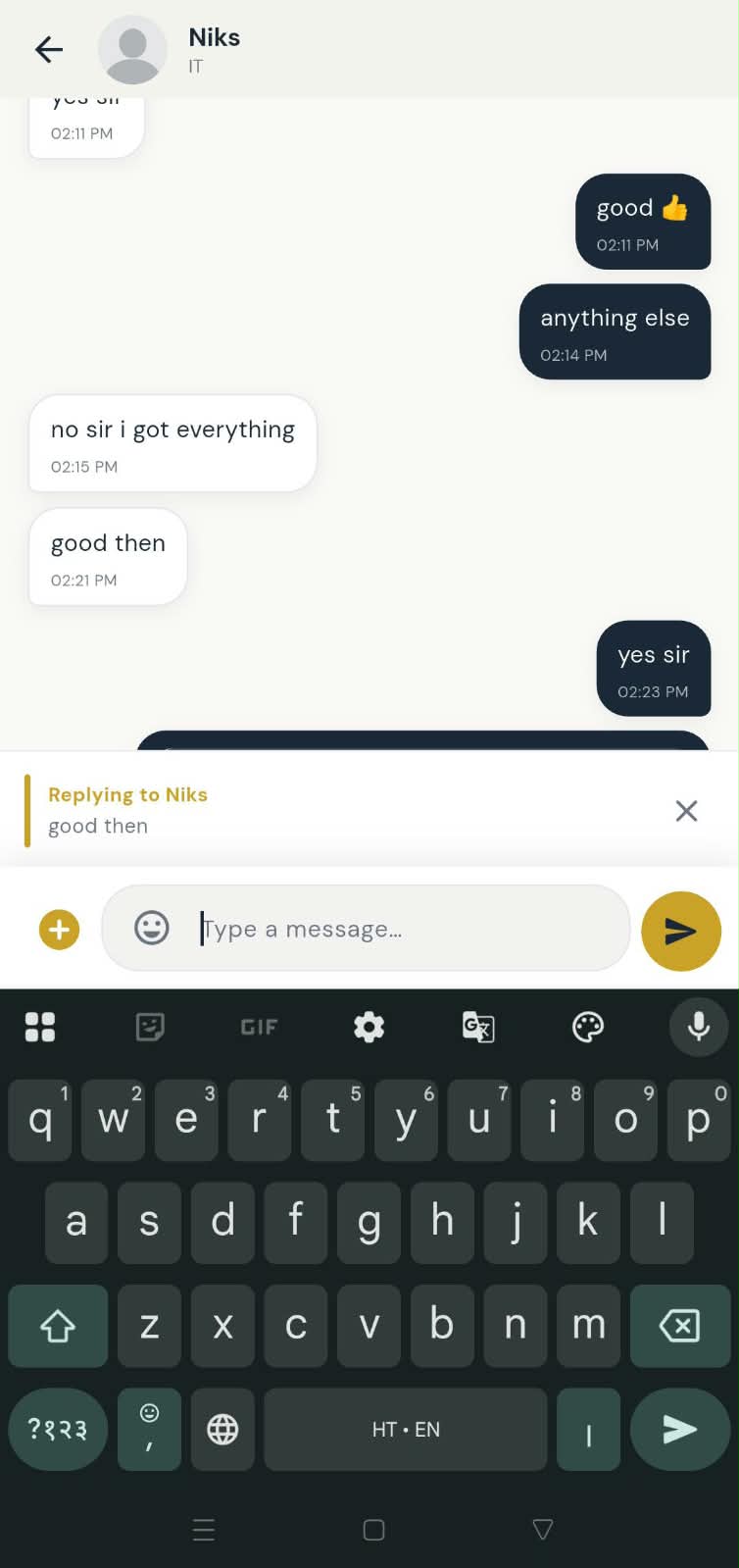 PayrollX employer app replying to a chat message