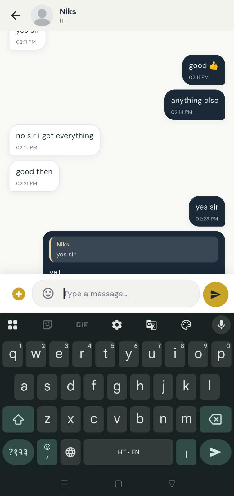 PayrollX employer app typing a chat message