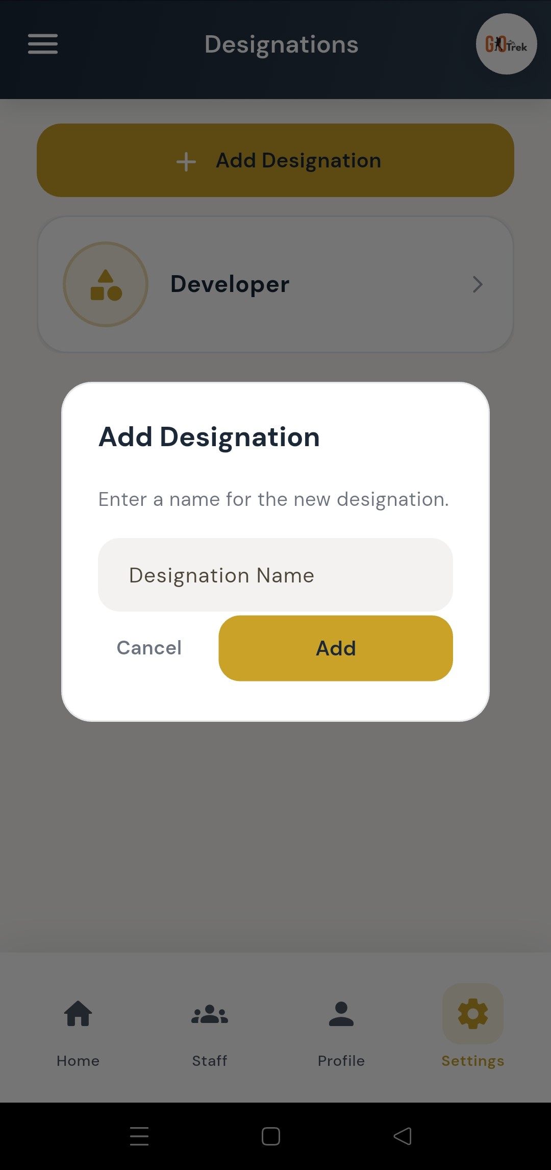 PayrollX employer app add designation form