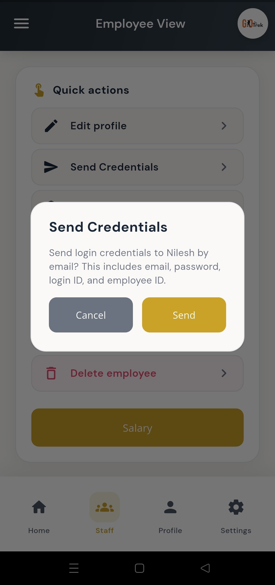 PayrollX employer app send employee login details by email