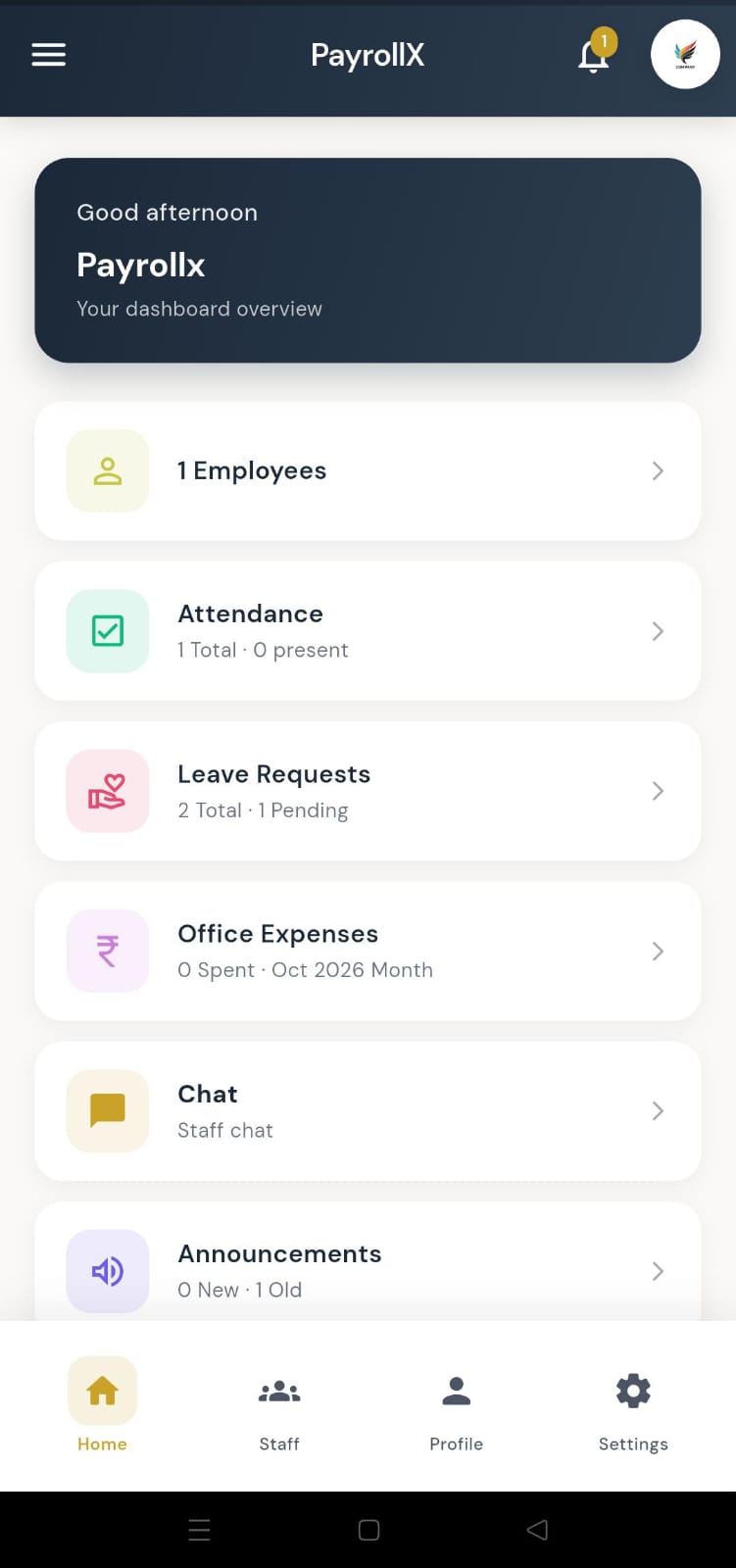 PayrollX employer app home dashboard screenshot