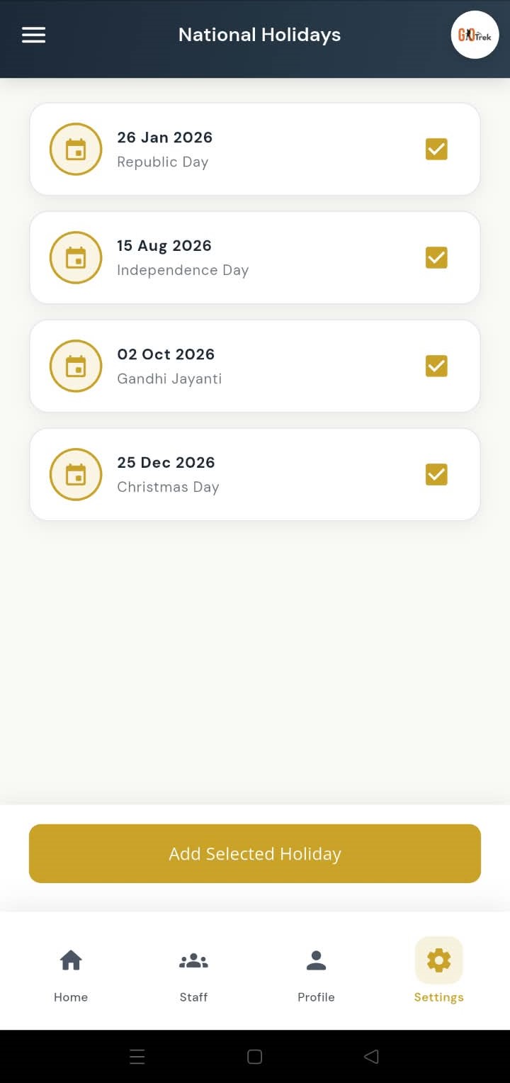 PayrollX employer app national holidays selection list