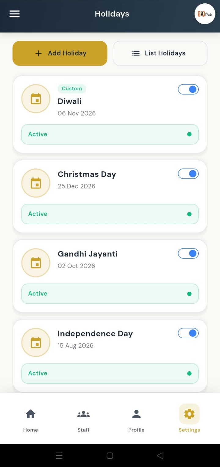 PayrollX employer app manage holidays list with custom and national holidays