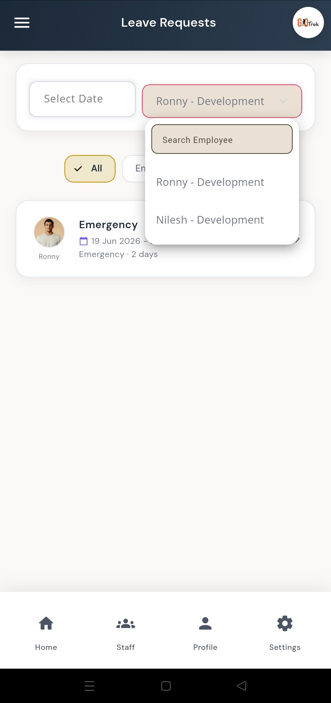 PayrollX employer app filter leave requests by employee