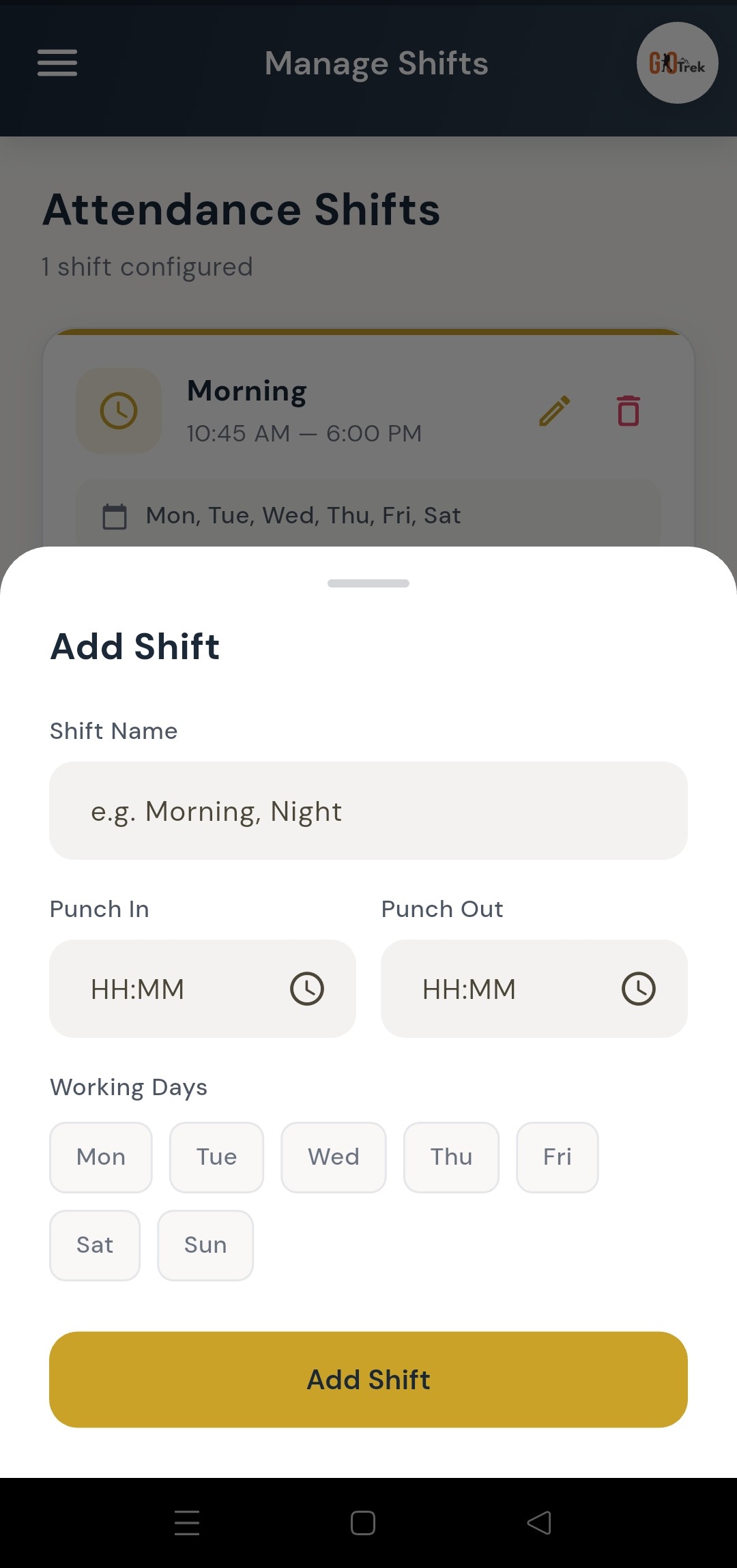 PayrollX employer app add shift form with punch in and punch out times
